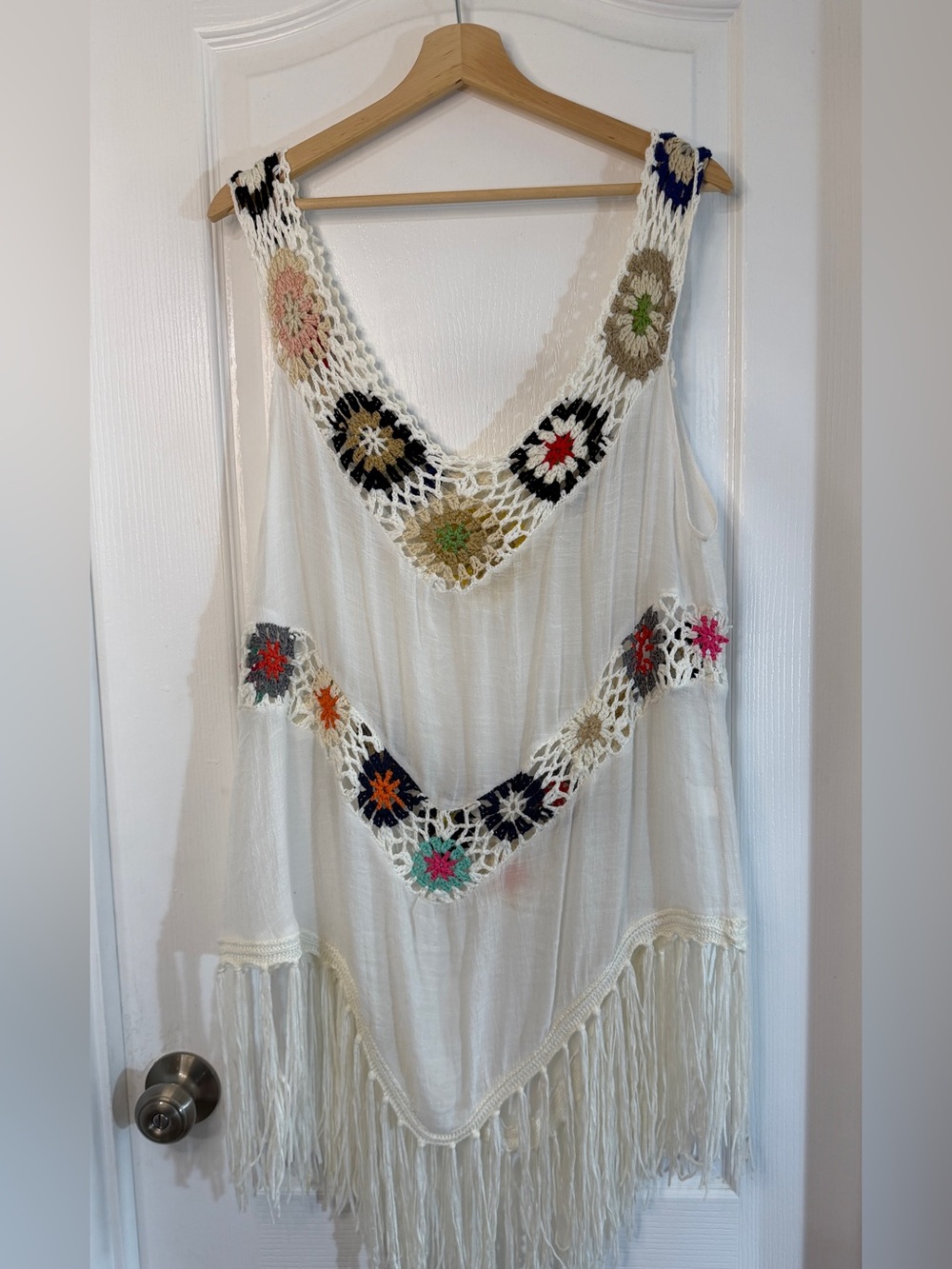 India Boutique White Crochet Cover-Up with Blue and Yellow Accents